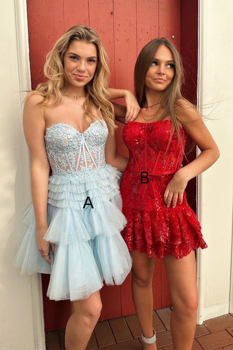 Strapless Red Sequins Tiered Short Homecoming Dress  Dress