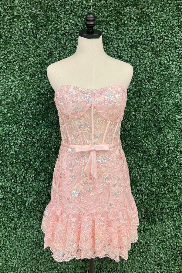 Strapless Red Sequins Tiered Short Homecoming Dress  Dress