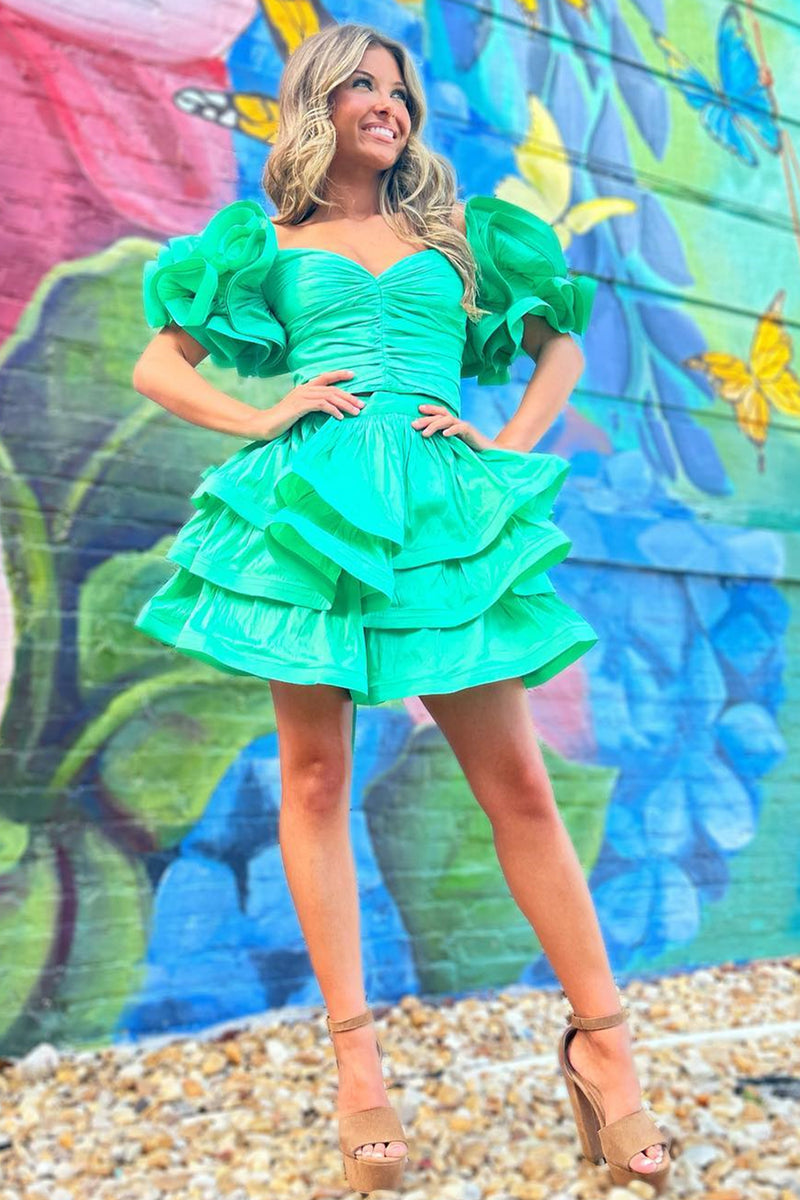 Cute A-Line Green Ruffle Sleeves Layered Short Party Dress