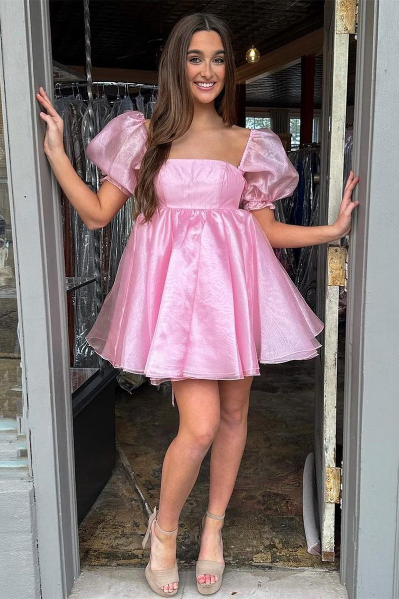Pink Square Neck Balloon Sleeves A-Line Homecoming Dress