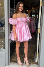 Pink Square Neck Balloon Sleeves A-Line Homecoming Dress