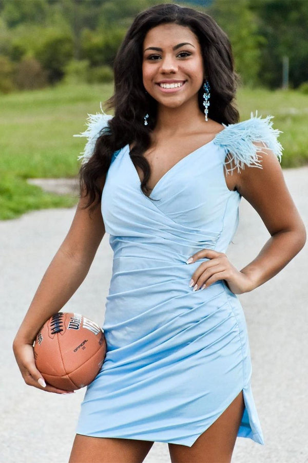 V-Back Feather Shoulder Pleated Tight Homecoming Dress