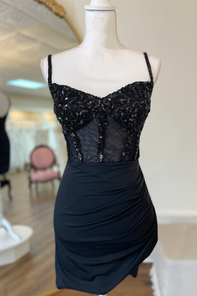 Straps Black Sequins Pleated Bodycon Homecoming Dress