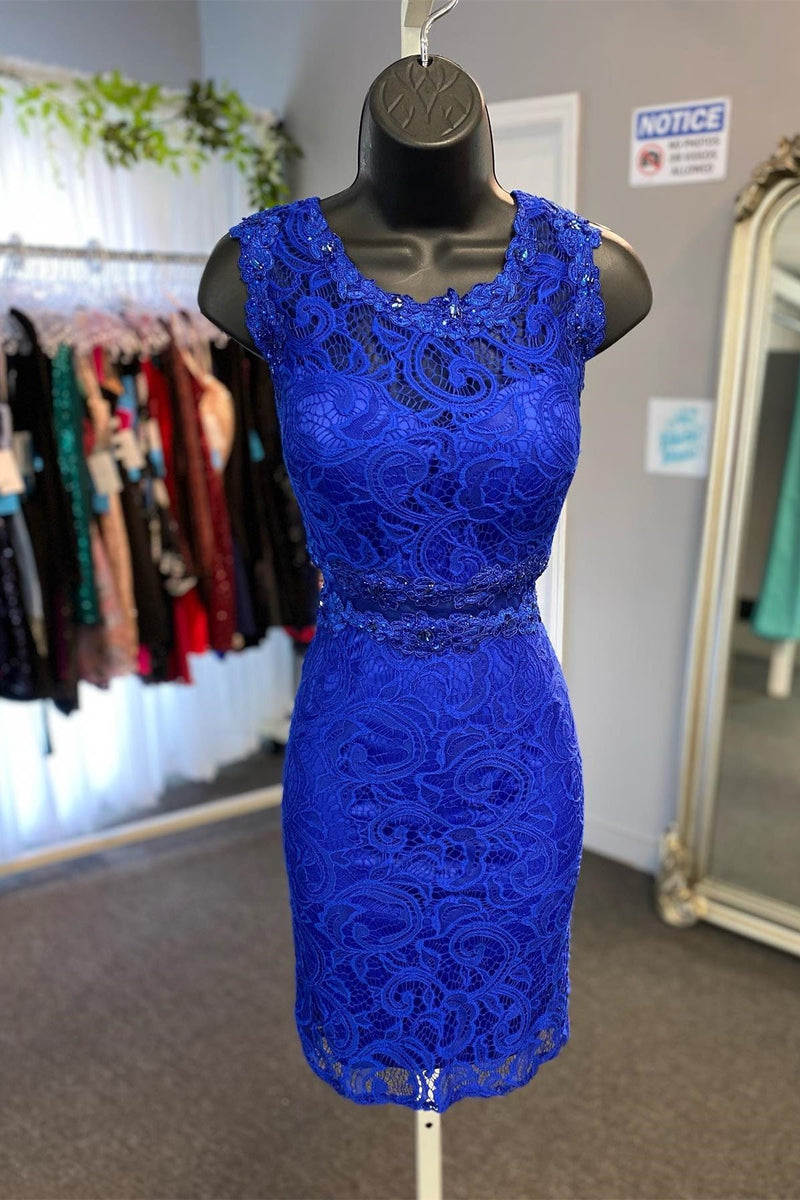 Royal Blue Sheer Lace Bodice Tight Homecoming Dress