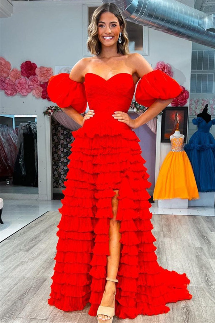 Sweetheart Red Tiered Tulle Prom Dress with Balloon Sleeves