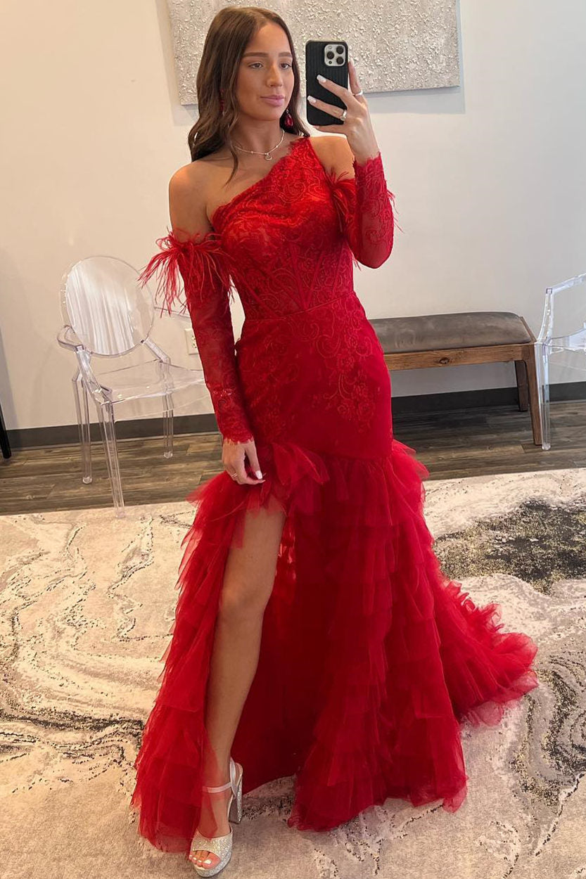 Red One Shoulder Lace Mermaid Tiered Prom Dress with Detachable Sleeve FancyVestido Red One Shoulder Lace Mermaid Tiered Prom Dress with Detachable Sleeve FancyVestido