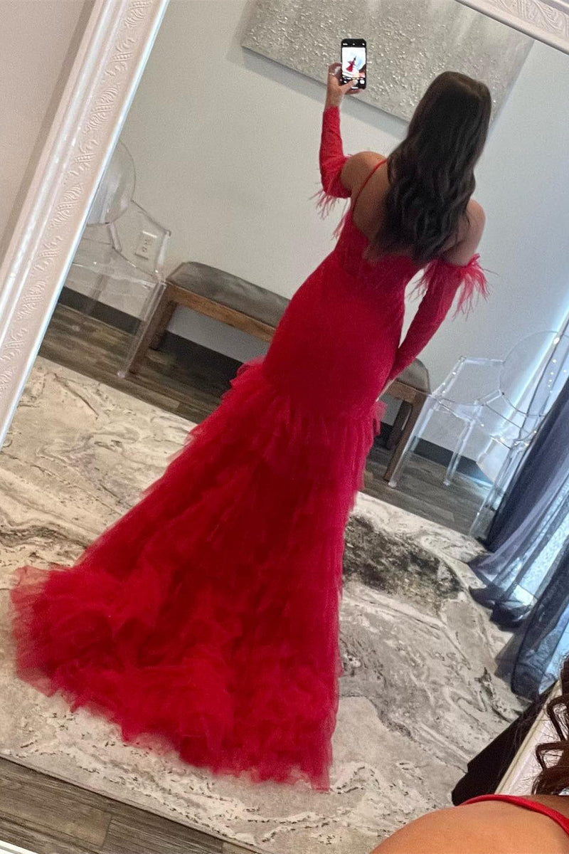 Red One Shoulder Lace Mermaid Tiered Prom Dress with Detachable Sleeves