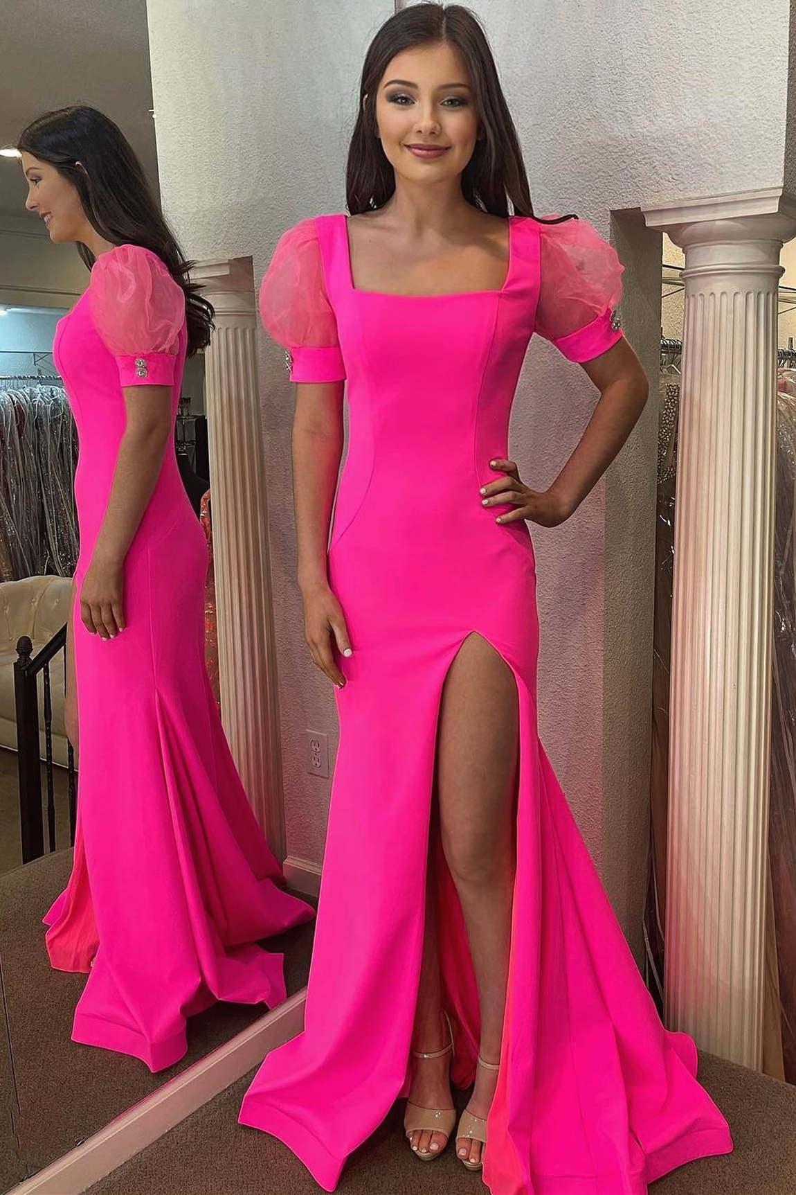 Hot Pink Square Neck Mermaid Long Prom Dress with Short Sleeves FancyVestido Hot Pink Square Neck Mermaid Long Prom Dress with Short Sleeves FancyVestido
