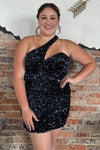 Asymmetrical One Shoulder Black Sequins Tight Homecoming Dress