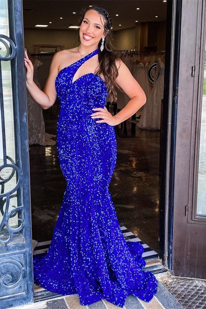 Mermaid One Shoulder Royal Blue Sequin Prom Dress FancyVestido Mermaid One Shoulder Royal Blue Sequin Prom Dress FancyVestido