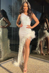One Shoulder White Rhinestone Grid Long Party Dress with Feathers