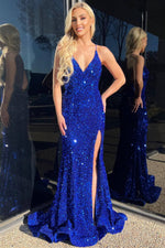 Strapls V-Neck Royal Blue Sequin Slit Mermaid Prom Dress