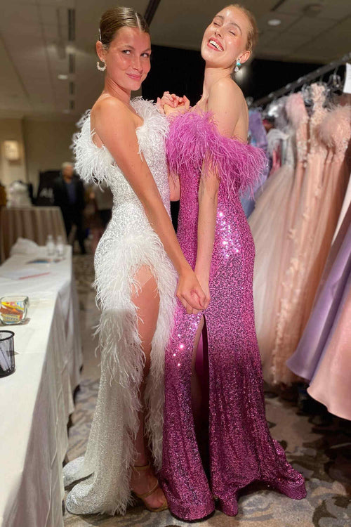 Off the Shoulder Feathers Sequin Long Prom Dress with Slit