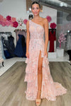 One Shoulder Pink Corset Sequin Tiered Long Formal Dress