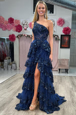 Lavender One Shoulder A-Line Layered Long Prom Dress with Sequin