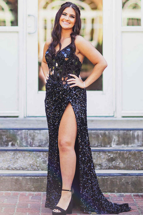 Straps Black V-Neck Mirror Sequin Long Prom Dress