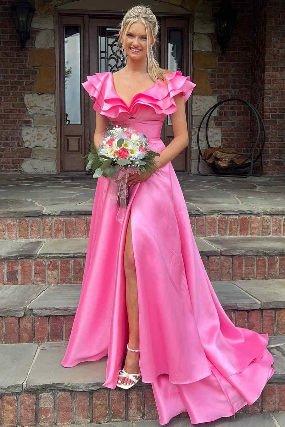 Hot Pink V-Neck Ruffle A-Line Long Prom Dress