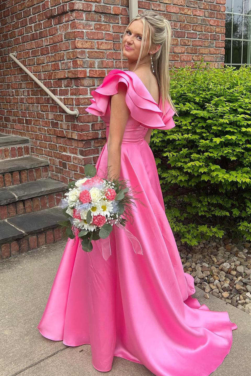 A-Line V Neck Pink Floral Printed Chiffon Ruffle Tiered Long Prom Dresses VK25031103