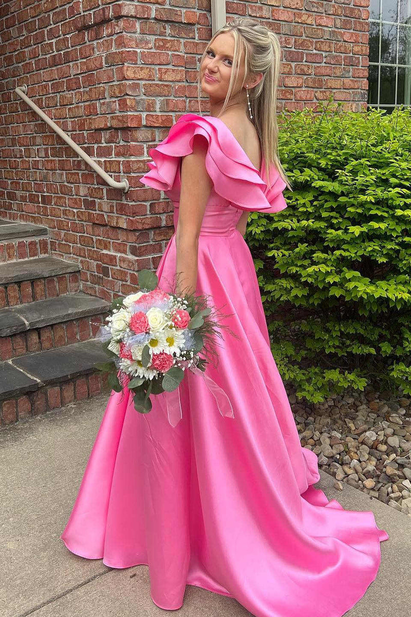 Hot Pink V-Neck Ruffle A-Line Long Prom Dress