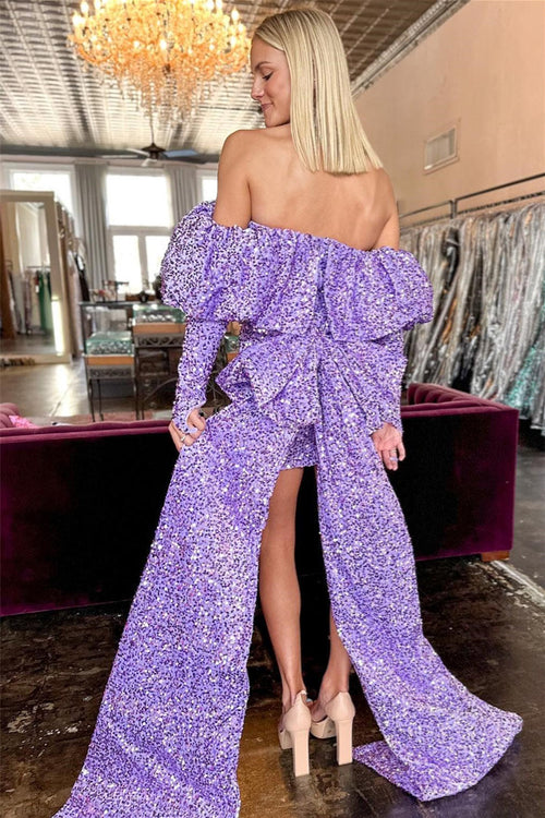 Lavender Draped Off-the-Shoulder Sleeves Sequins Homecoming Dress with Train