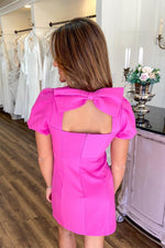 Hot Pink Satin Sleeves Homecoming Dress with Bow