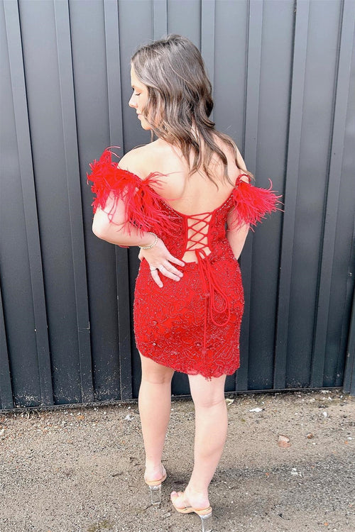 Red Lace-Up Off-the-Shoulder Feathers Appliques Homecoming Dress