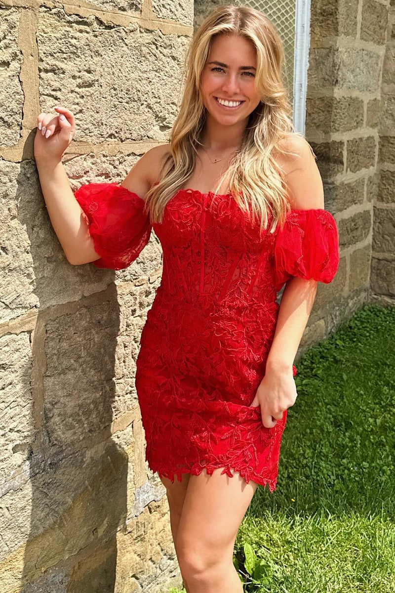 Red Off-the-Shoulder Appliques Tulle Tight Homecoming Dress