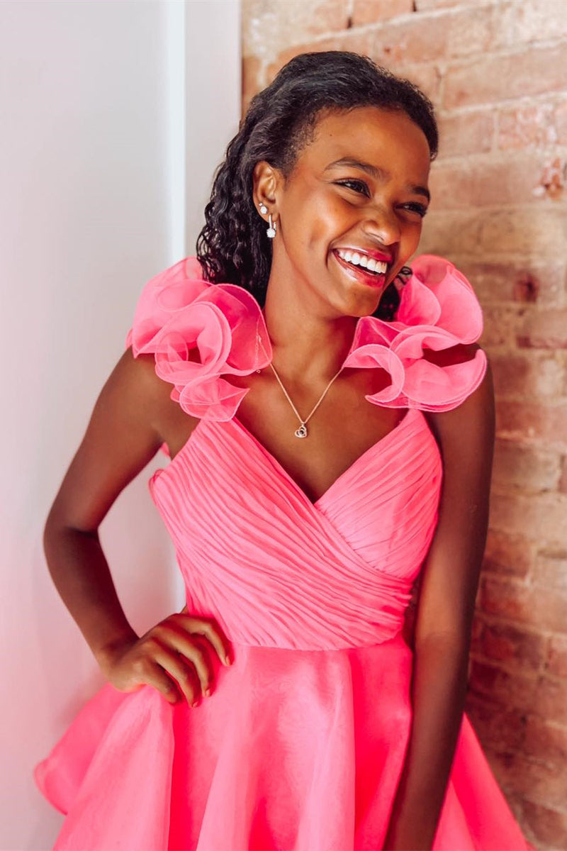 Hot Pink Surplice Ruffles Straps Tulle Homecoming Dress