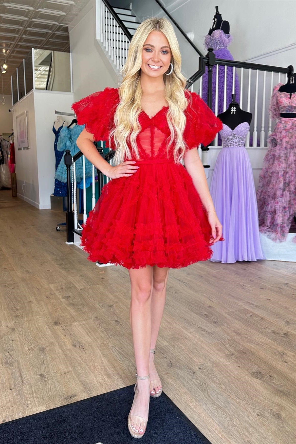 Red Off-the-Shoulder Tulle Ruffle-Layers A-line Homecoming Dress