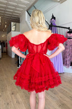 Red Off-the-Shoulder Tulle Ruffle-Layers A-line Homecoming Dress