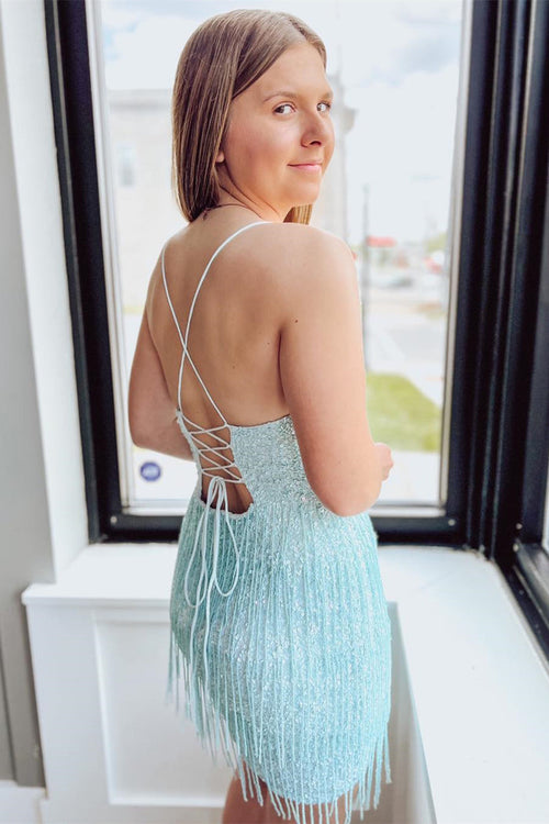Light Blue Sequins Lace-Up Sheath Homecoming Dress with Tassels