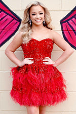 Red Strapless Sequins Feathers A-line Homecoming Dress