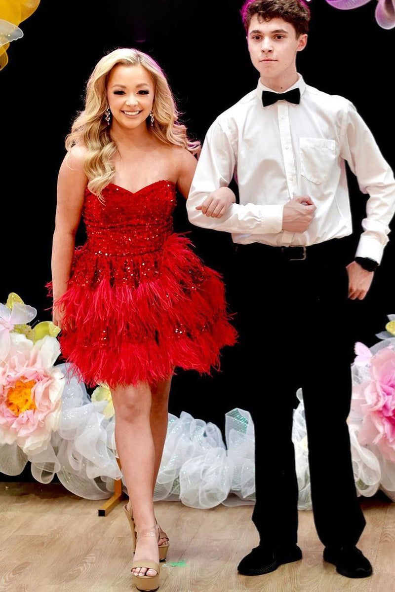 Red Strapless Sequins Feathers A-line Homecoming Dress
