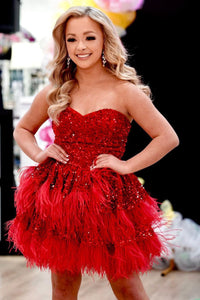 Red Strapless Sequins Feathers A-line Homecoming Dress