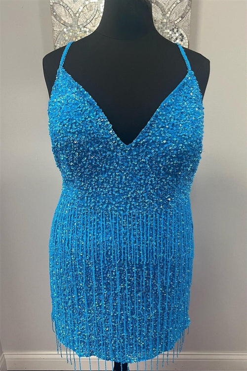 Blue Jay Sequins V Neck Straps Homecoming Dress with Tassels