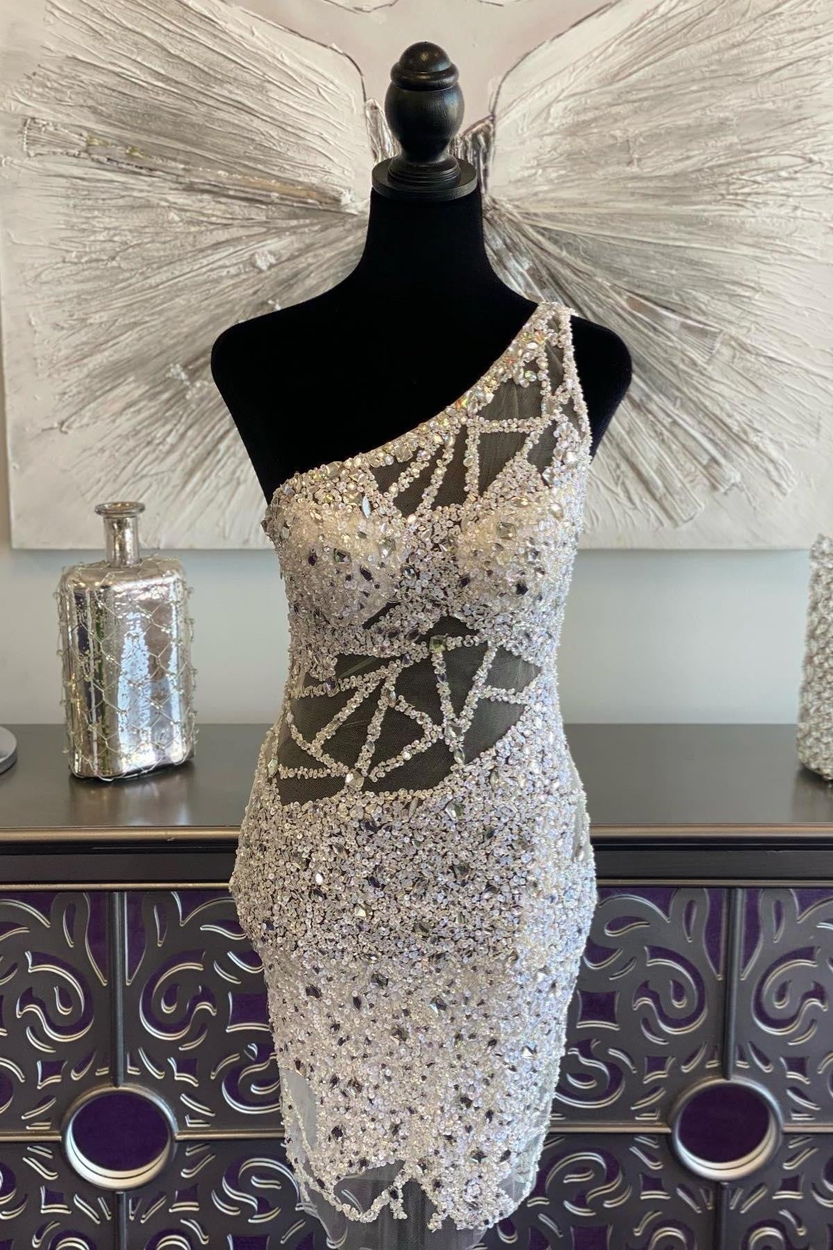 White One Shoulder Beaded Sheath Homecoming Dress with Wing  FancyVestido