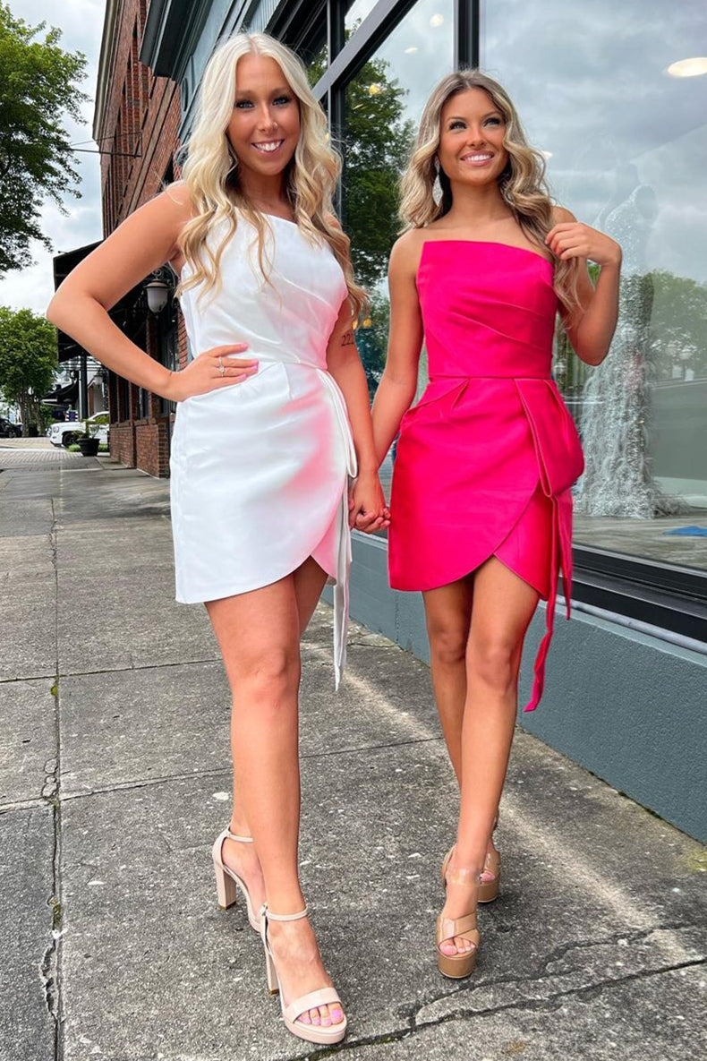 White Strapless Faux-Wrap Satin Homecoming Dress FancyVestido White Strapless Faux-Wrap Satin Homecoming Dress FancyVestido