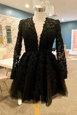 Black Plunging V Neck Long Sleeves  Appliques A-line Homecoming Dress