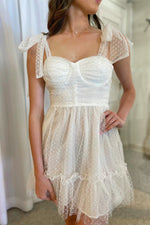 White Bow Tie Shoulder Beaded Ruffle Homecoming Dress
