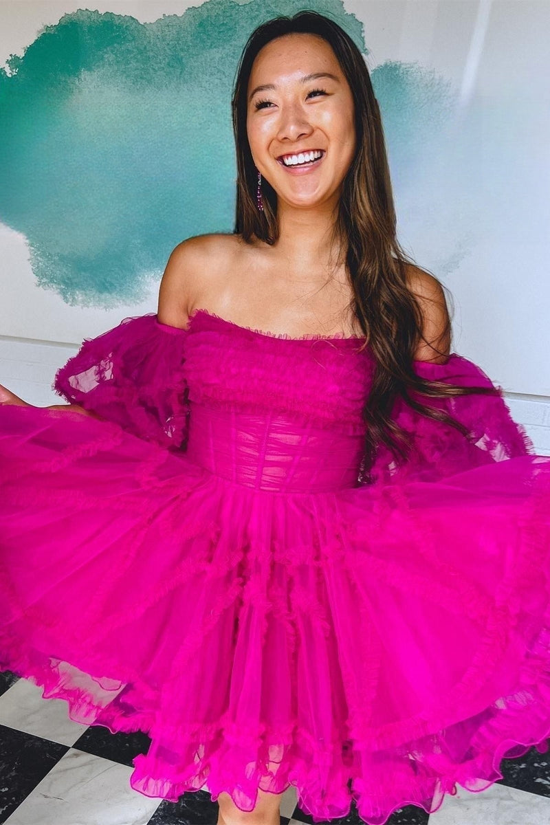 Fuchsia Off-the-Shoulder Puff Sleeves Tulle Ruffle-Layers Homecoming Dress