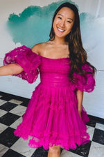 Fuchsia Off-the-Shoulder Puff Sleeves Tulle Ruffle-Layers Homecoming Dress