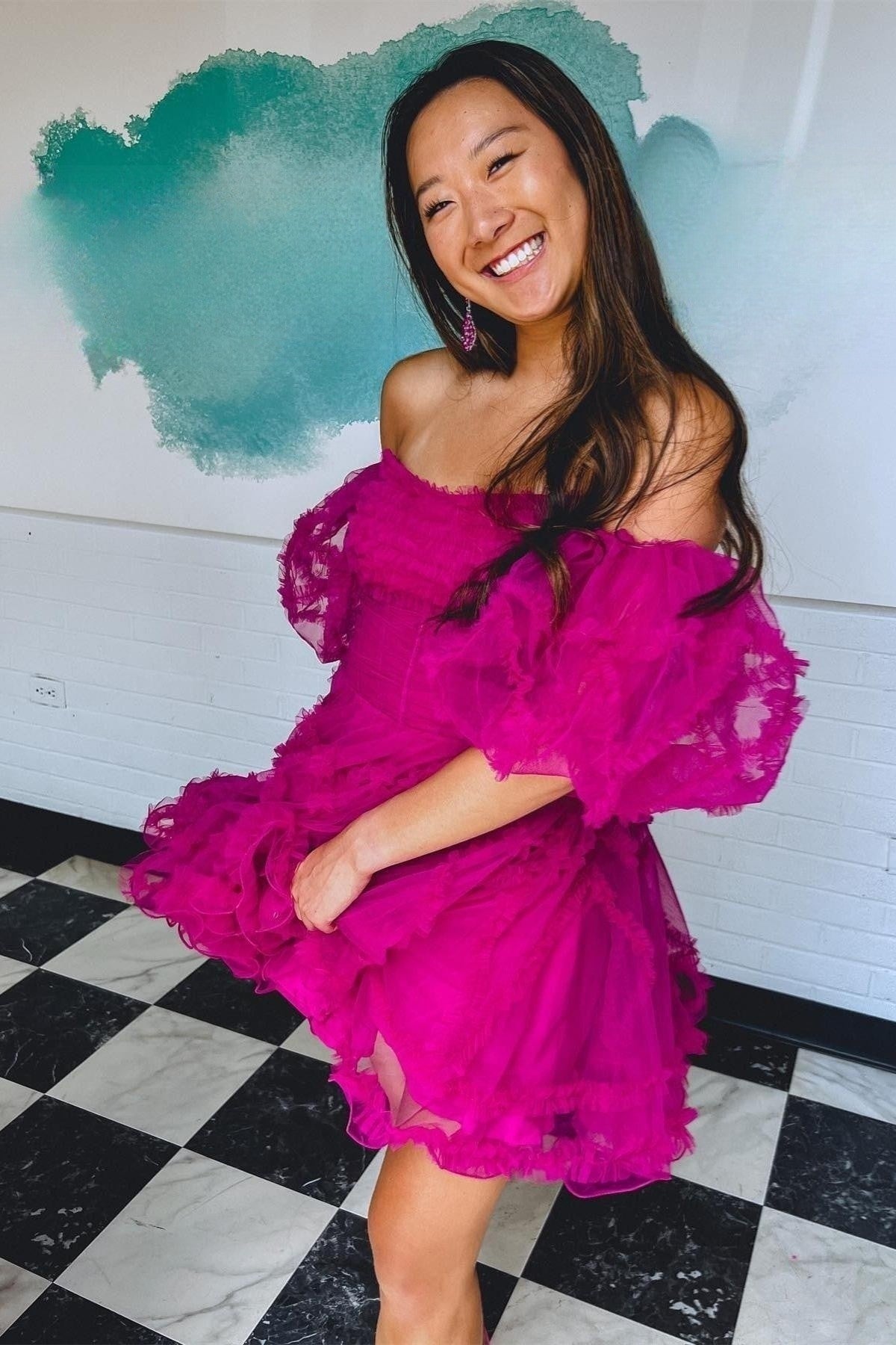 Fuchsia Off-the-Shoulder Puff Sleeves Tulle Ruffle-Layers Homecoming Dress