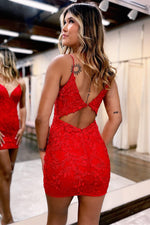 Red Plunging V Neck Appliques Sheath Cut-Out Homecoming Dress
