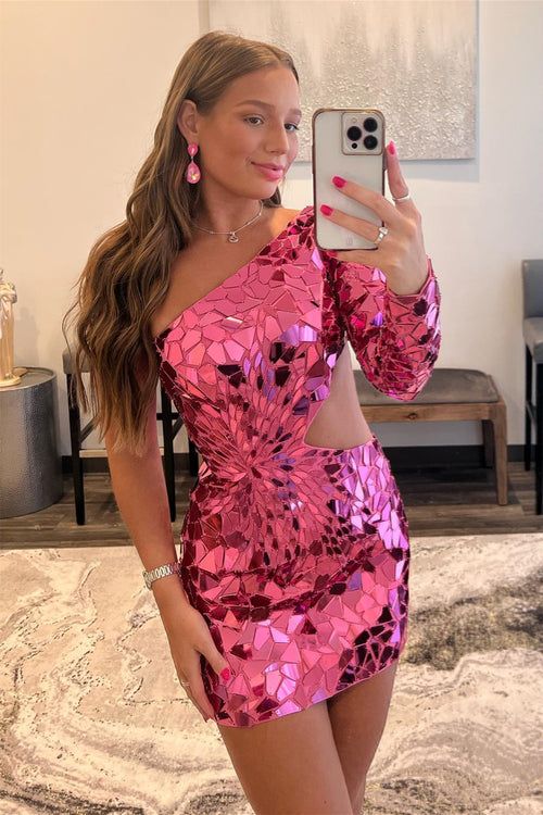 Hot Pink Mirror-Cut Sequins One Shoulder Long Sleeve Cut-Out Homecoming Dress