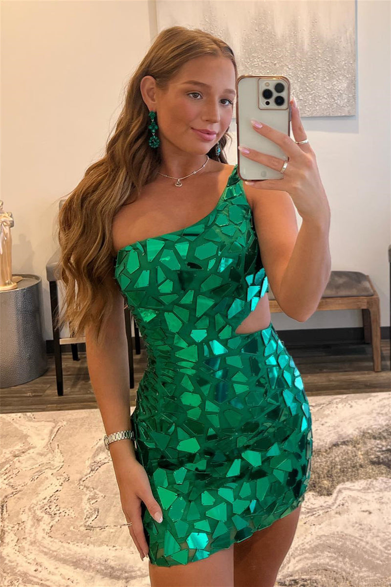 Green Mirror-Cut Sequins One Shoulder Long Sleeve Cut-Out Homecoming Dress