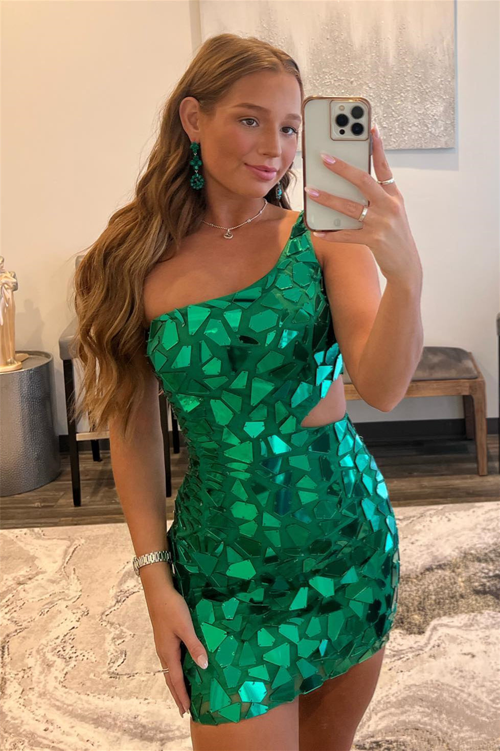 Sleeveless Green Mirror-Cut Sequins One Shoulder Homecoming Dress –  FancyVestido