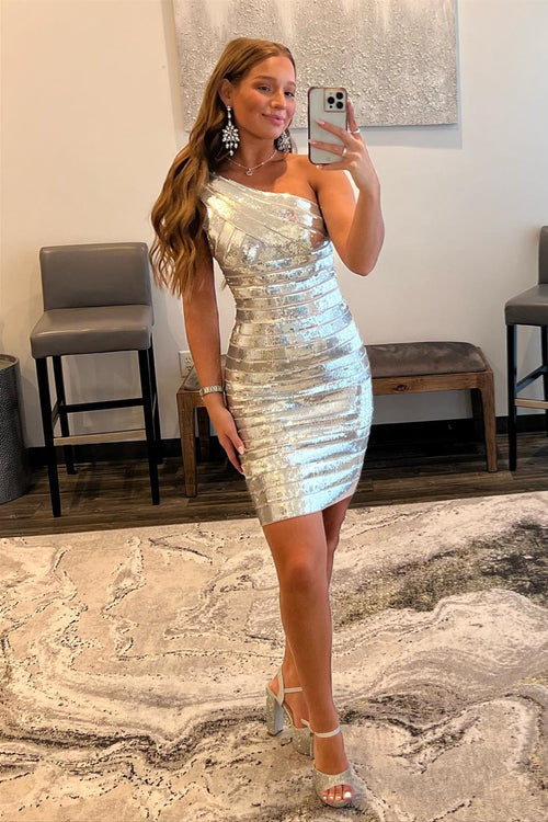 Silver One Shoulder Sequins Sheath Homecoming Dress