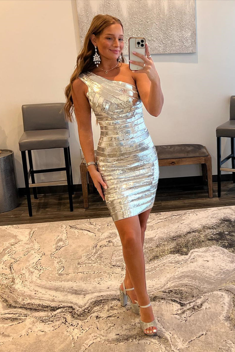 Silver One Shoulder Sequins Sheath Homecoming Dress