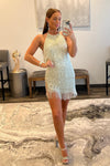 White Sequins Halter Sleeveless Homecoming Dress with Tassels