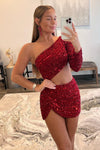 Red One Shoulder Sequins Cut-Out Homecoming Dress